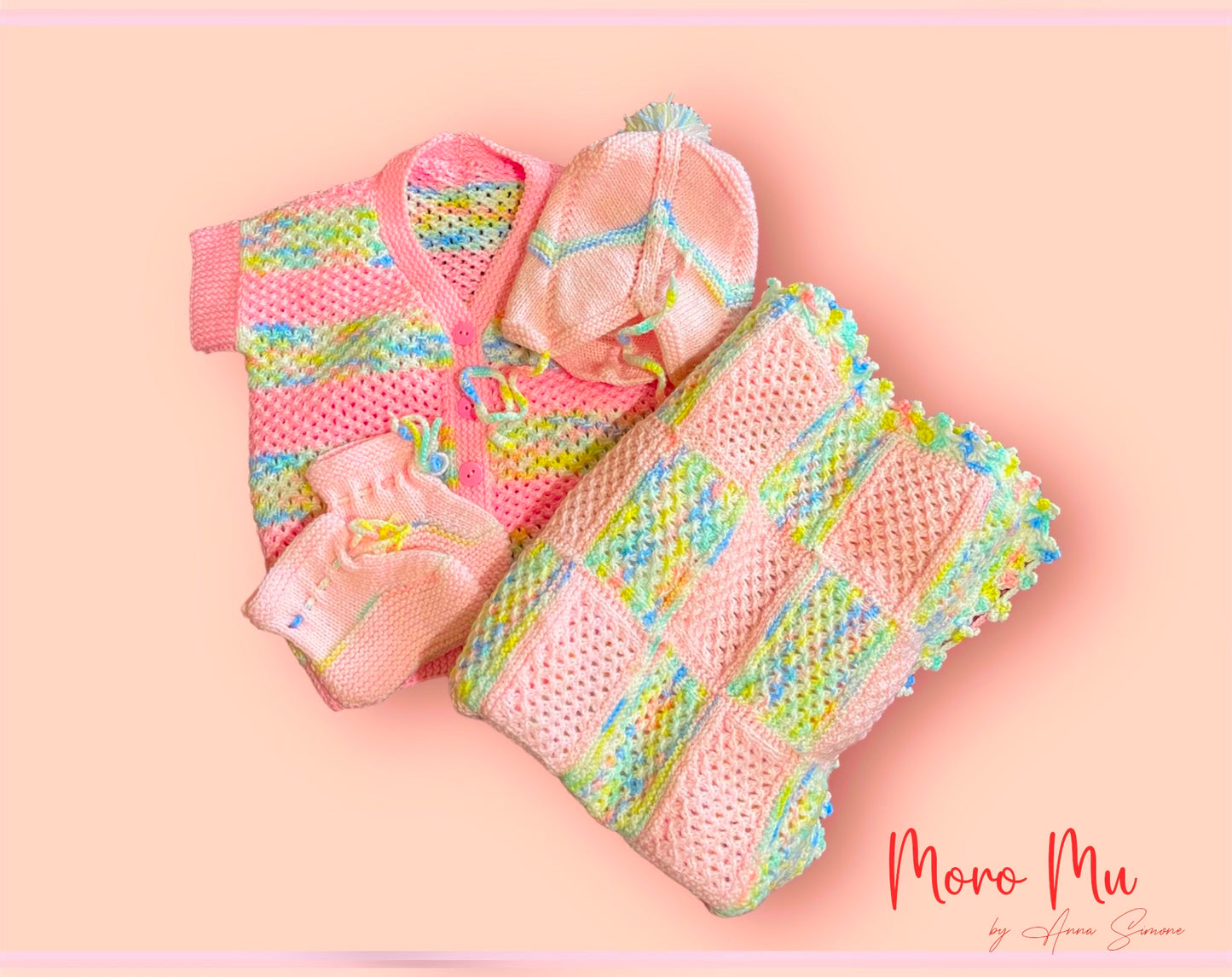 Pastel Garden Hand Knit Baby Set with Blanket