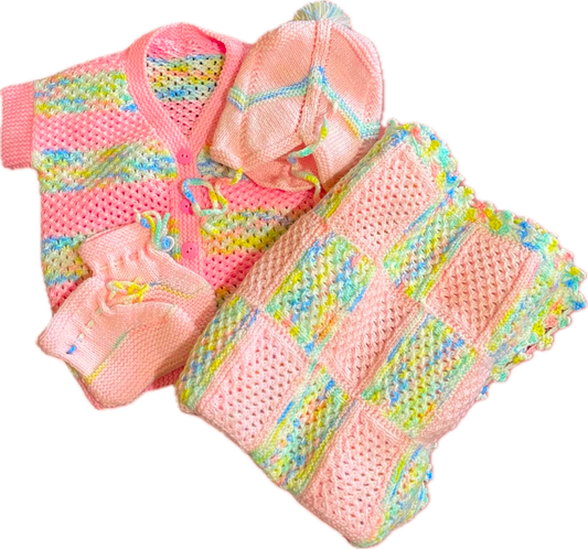 Pastel Garden Hand Knit Baby Set with Blanket